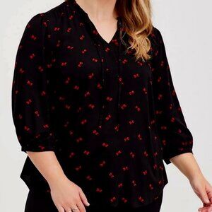 Torrid Black & Red Bow Print Rayon Twill Tie Neck Peasant Top Size 4